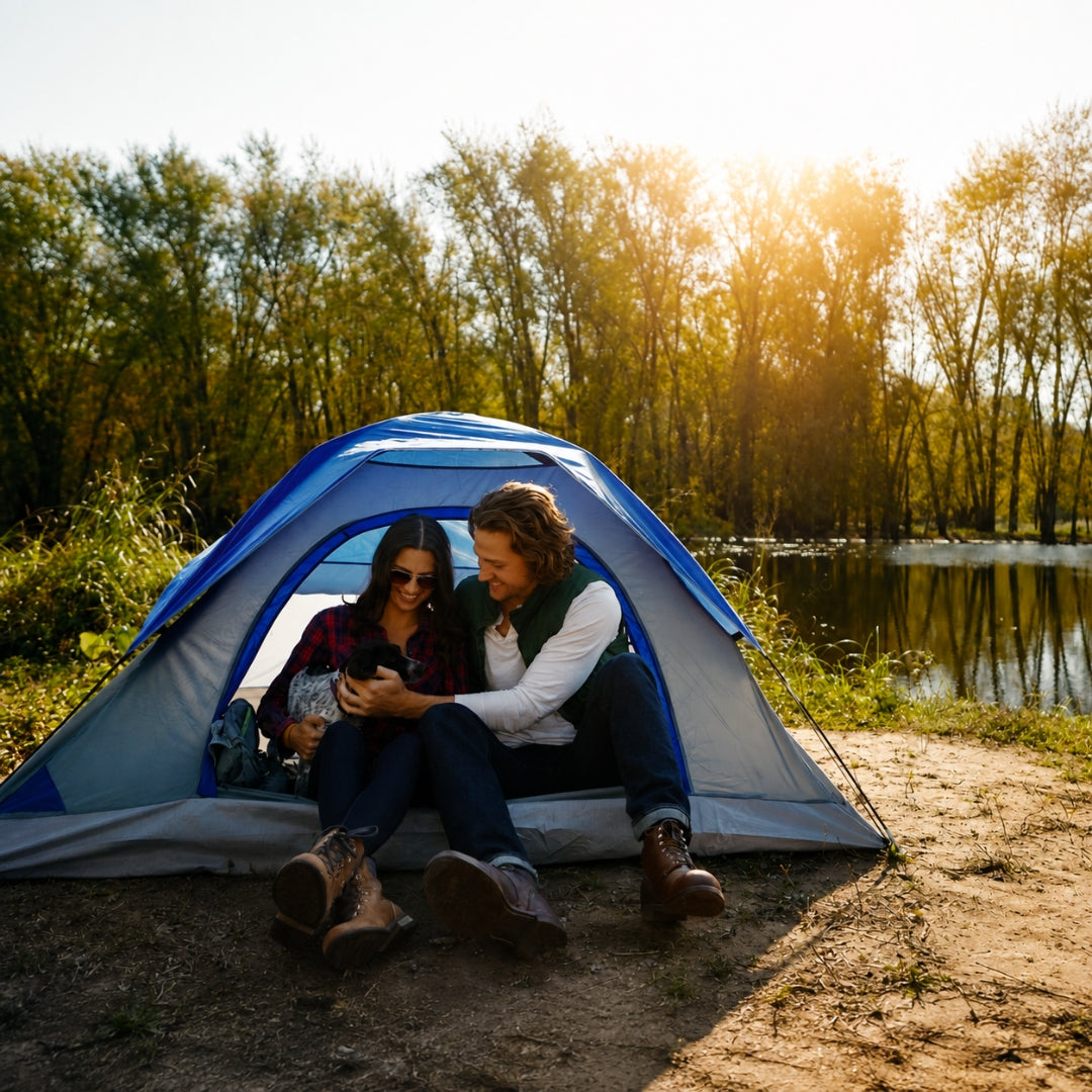 A couple sits inside a blue and gray camping tent pitched by a lakeside at sunset, with trees in the background and warm sunlight streaming through the scene.