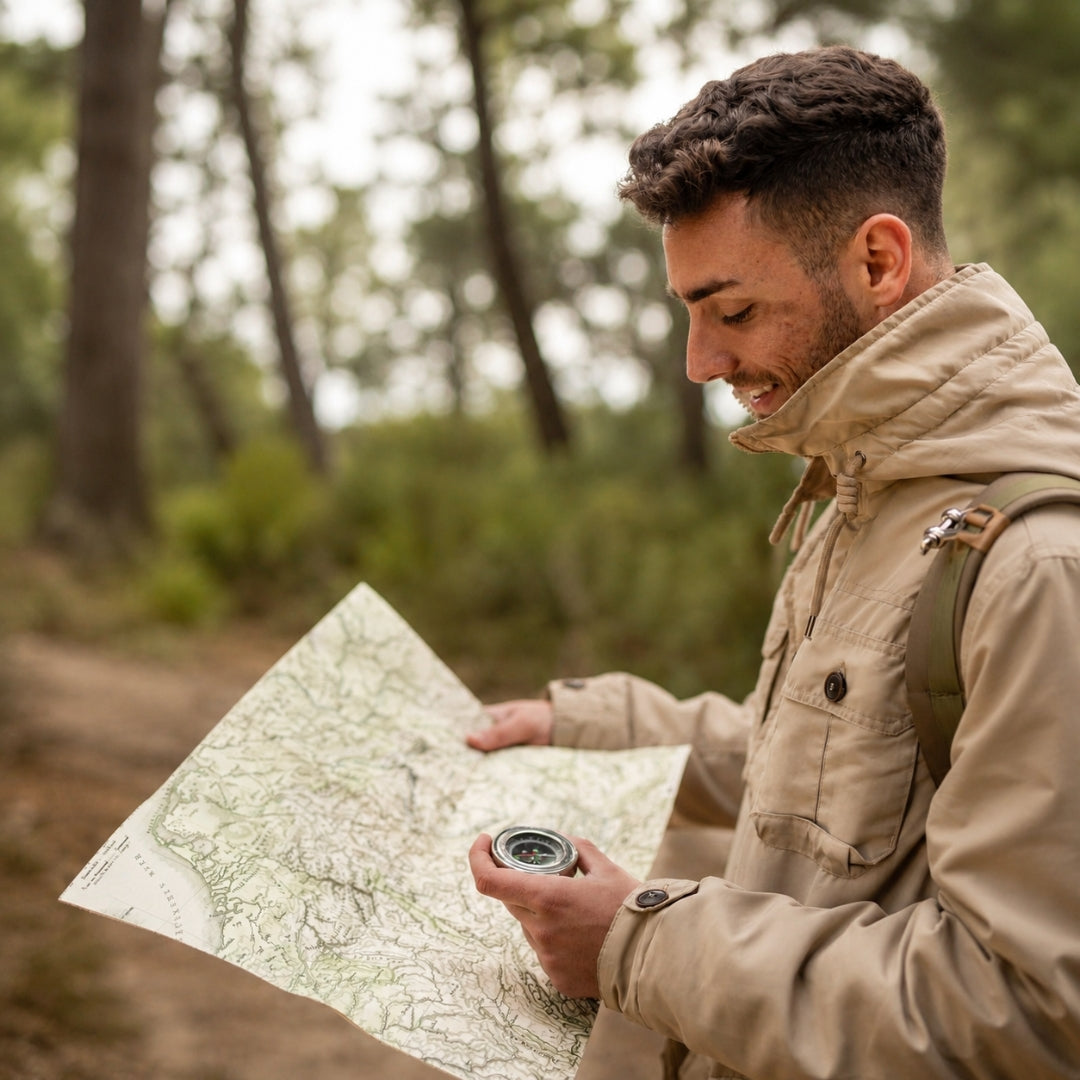 A man in a beige outdoor jacket stands in a forest holding a large topographic map and a compass, looking down at the map.