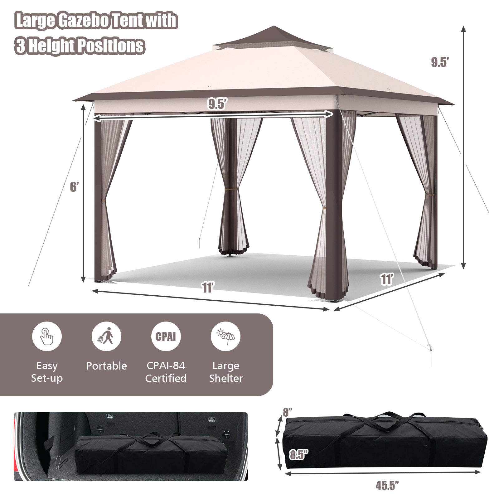11 x 11 Feet 2-Tier Pop-Up Gazebo Tent Portable Canopy Shelter Carry Bag Mesh