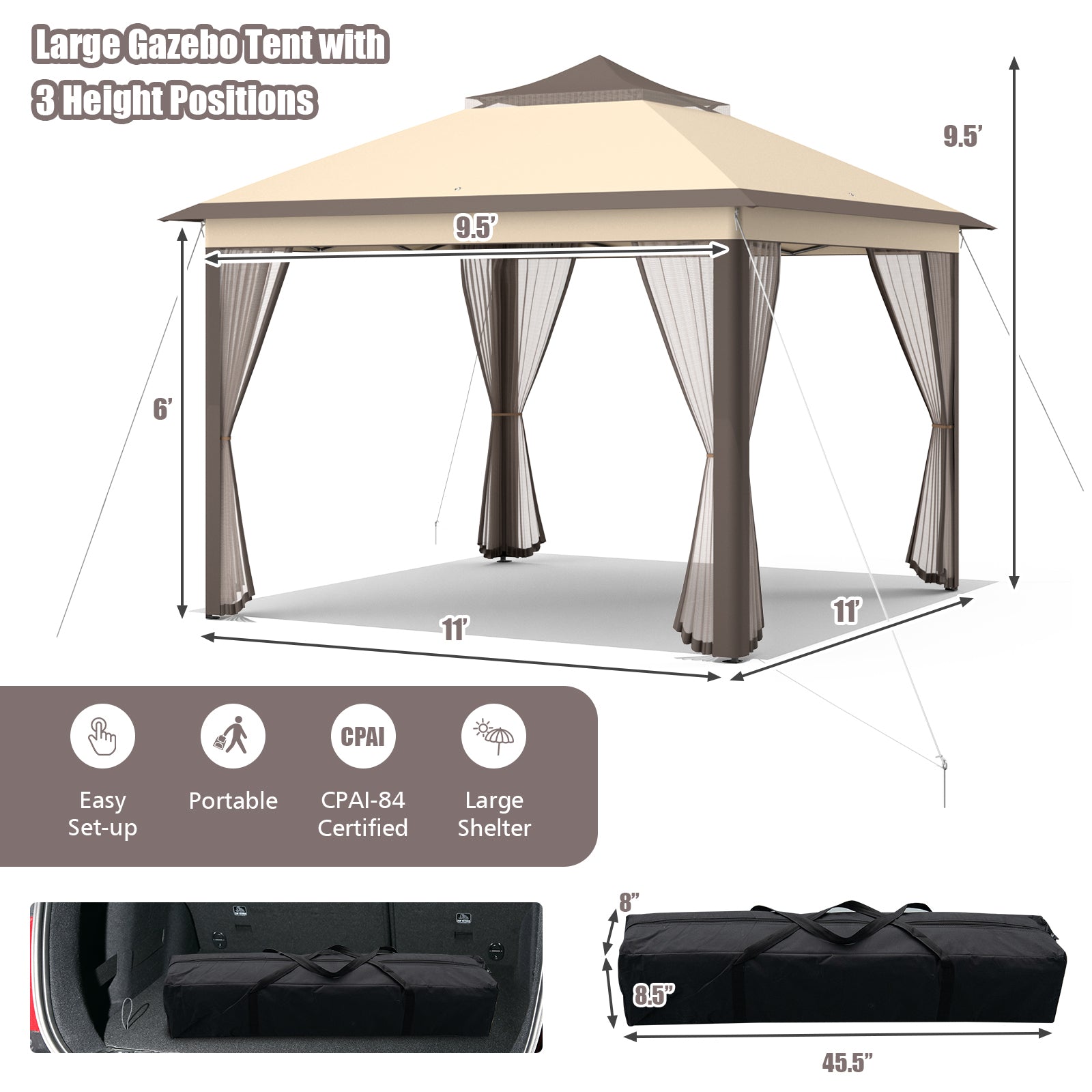 11 x 11 Feet 2-Tier Pop-Up Gazebo Tent Portable Canopy Shelter Carry Bag Mesh