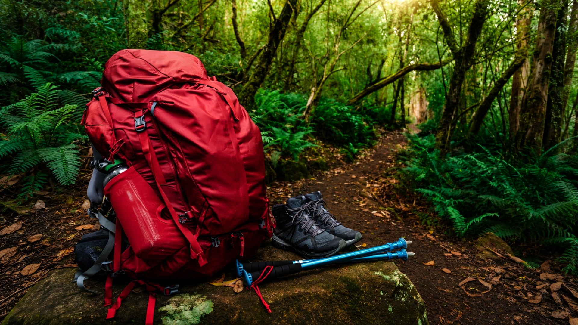 A large red hiking backpack sits on a mossy log in a lush green forest, with hiking boots, a blue trekking pole, and a red water bottle nearby.