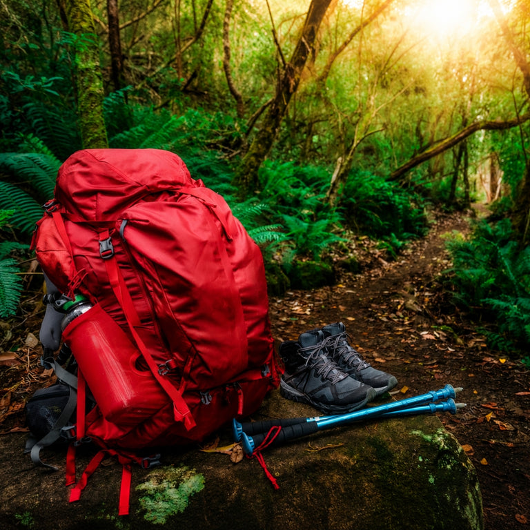 A large red hiking backpack sits on a mossy log in a lush green forest, with hiking boots, a blue trekking pole, and a red water bottle nearby.